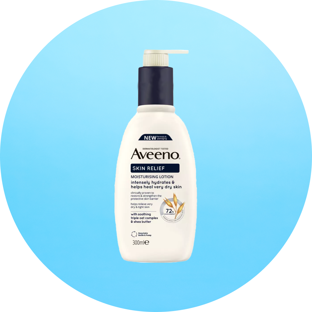 Flaska med Aveeno Skin Relief återfuktande lotion för mycket torr hud.